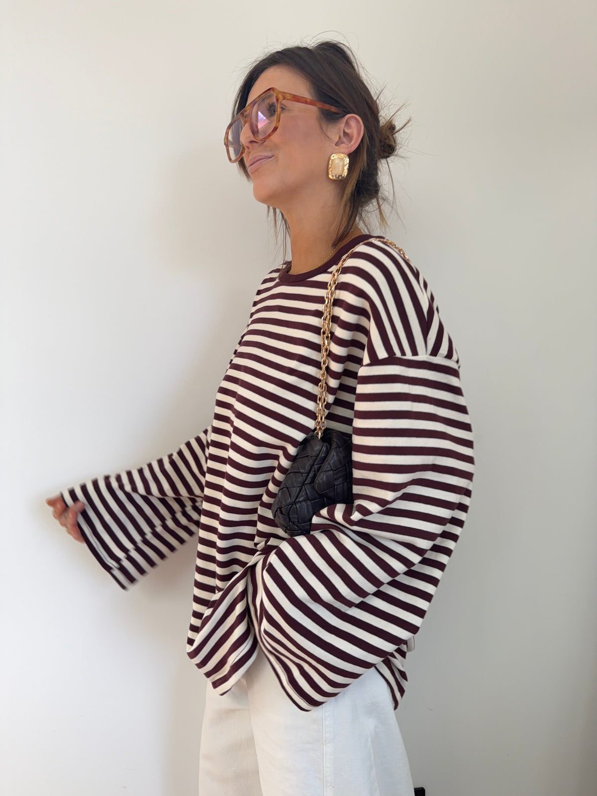 T-shirt manches longues rayé - prune
